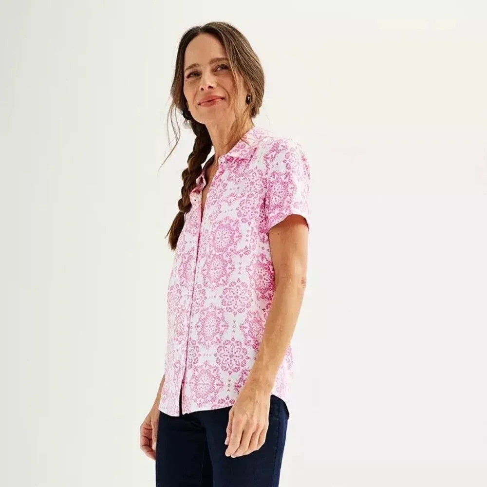 NWT Croft&Barrow Women Short Sleeve Button Down Collared Floral Shirt Size XXL